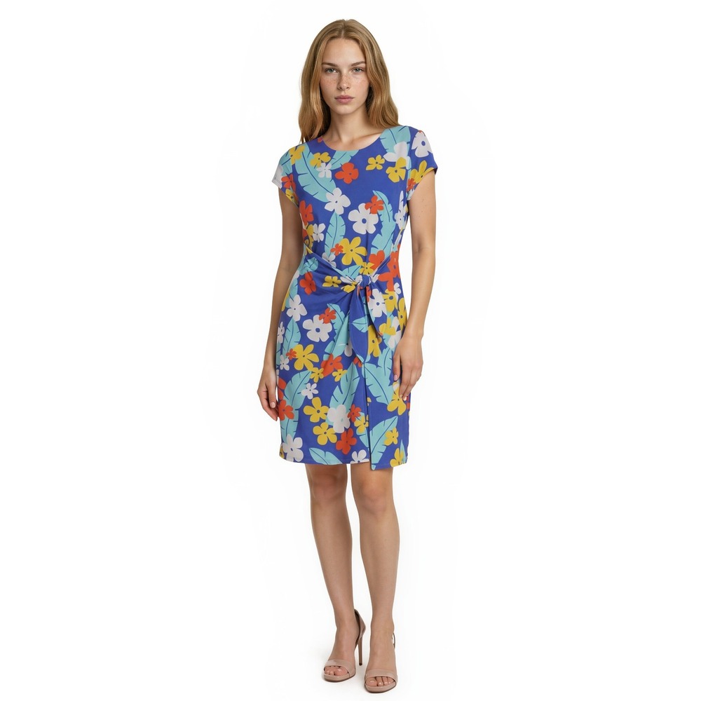 J.McLaughlin Sheath Dress Women's Size Medium Blue Yellow Floral Faux Wrap Tie